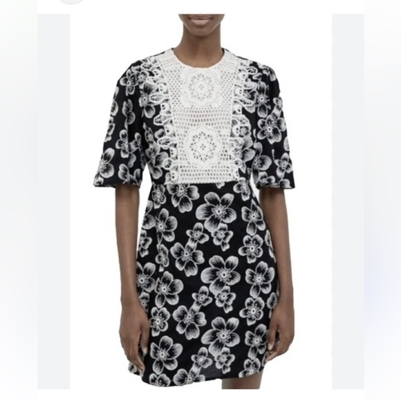 Zara Black and Cream Floral Dress with Crochet details on front - Picture 1 of 12